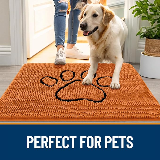 OLANLY Dog Door Mat for Muddy Paws 48x30, Paw Print Design, Absorbs Moisture and Dirt, Absorbent Non-Slip Washable Doormat, Quick Dry Chenille Mud Mat for Dogs, Entry Indoor Entryway Carpet, Clay