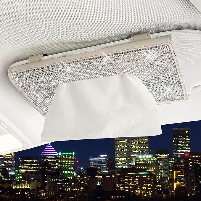 ChuLian Bling Bling Car Visor Tissue Holder Leather Crystals Paper Towel Cover Case & Glitter Sunglasses Clip for Women Beige