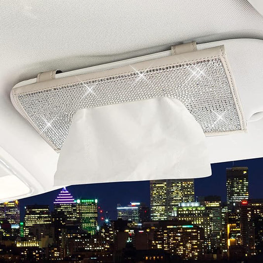 ChuLian Bling Bling Car Visor Tissue Holder Leather Crystals Paper Towel Cover Case & Glitter Sunglasses Clip for Women Beige