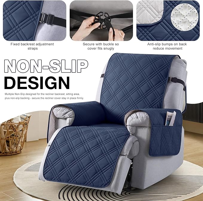 TAOCOCO 100% Waterproof Recliner Chair Covers, Non Slip Recliner Covers for Recliner Chair with Pocket, Washable Reclining Chair Cover Furniture Protector for Kids,Dogs(25'', Navy Blue)