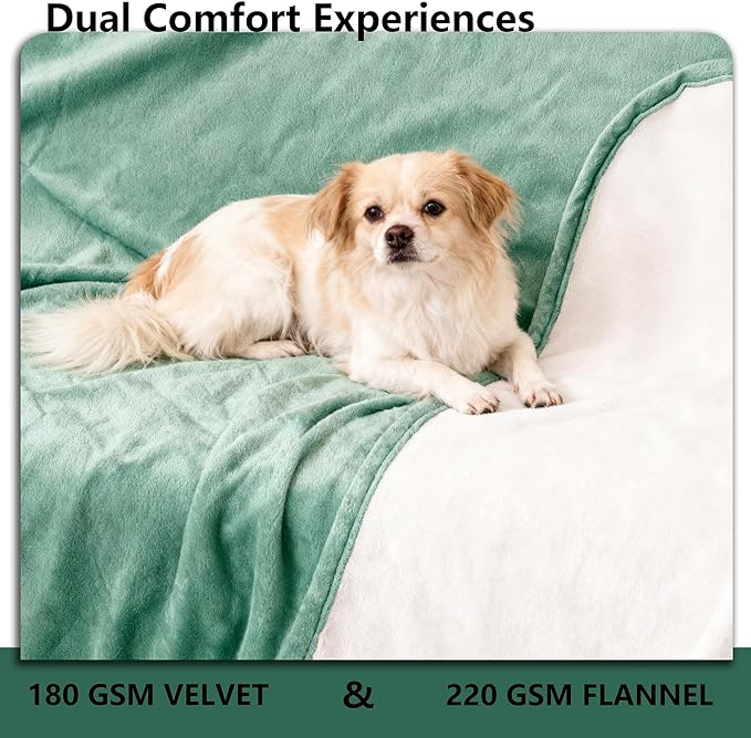 Tuffeel Waterproof Blanket for Bed King Size, Leak Proof Dog Couch Blankets Reversible, Pet Throw Sofa Furniture Protector Machine Washable-82 x108,Green+Cream
