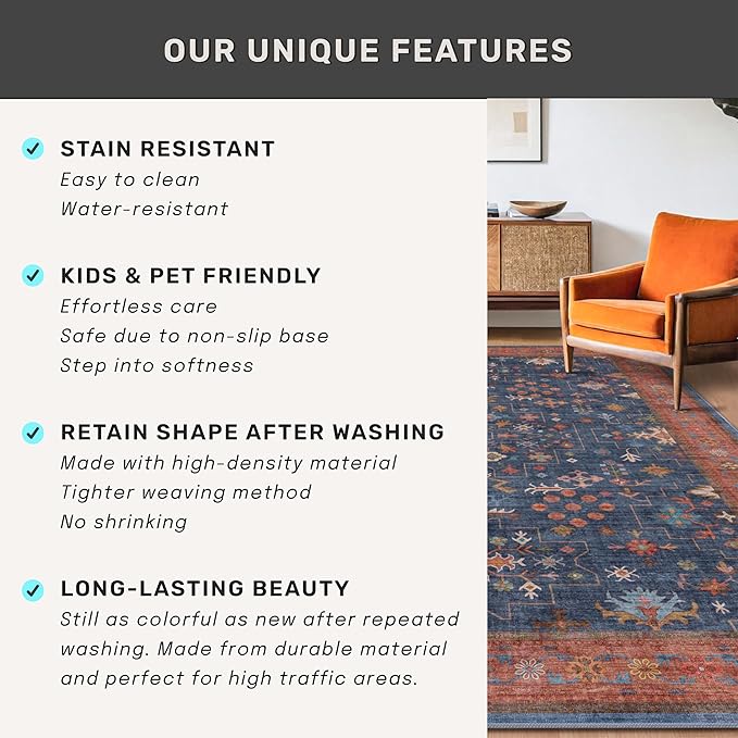 Navy Blue Area Rug 5x7 Living Room Rug - Machine Washable Rugs for Bedroom, Dining Room, Kitchen Floor, Small Office, Low Pile Non-Slip Rubber Backing & Stain Resistance