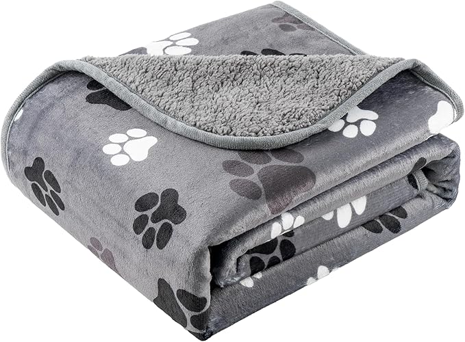 CAPT.SNOOZE Waterproof Dog Blankets Pet Blanket, 30"x40" Cat Blanket for Indoor Cats, Soft Fluffy Sofa Car Bed Protector, Reversible Sherpa Fleece Puppy Blanket for Small Medium Dogs (Dark Grey-Paws)