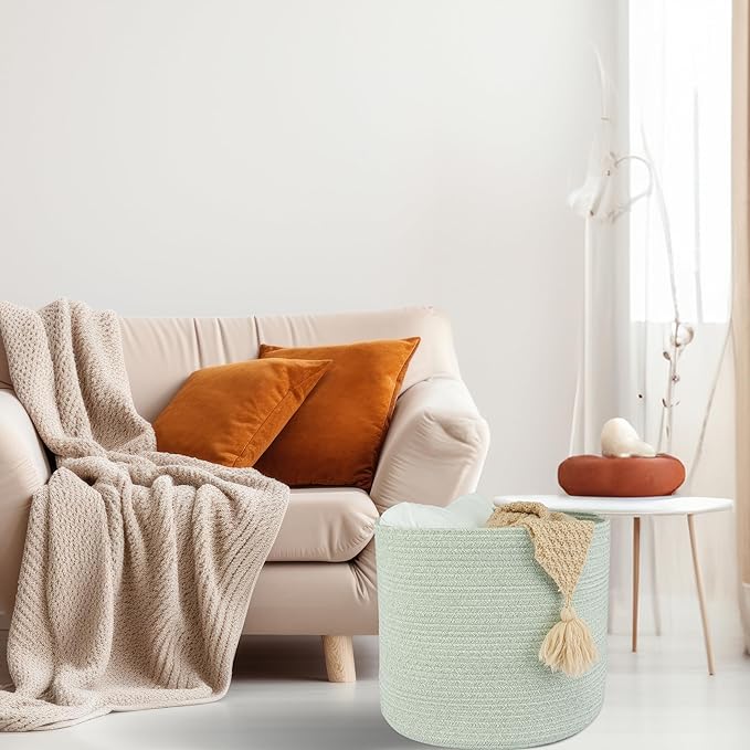 XUANGUO Cotton Rope Baskets For Girls Boys Kids 16”X14” Baby Laundry Basket Nursery Bin Round Woven Basket Organizer For Storage Toys Blankets Shoes Clothes light green
