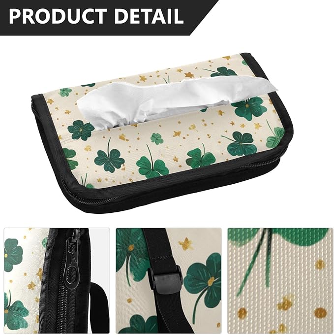 Car Tissue Holder Car Napkin Holder Car Tissue Box Dispenser Storage Case Sun Visor Mask Holder with Adjustable Straps Reusable Refillable Green Clovers and Stars