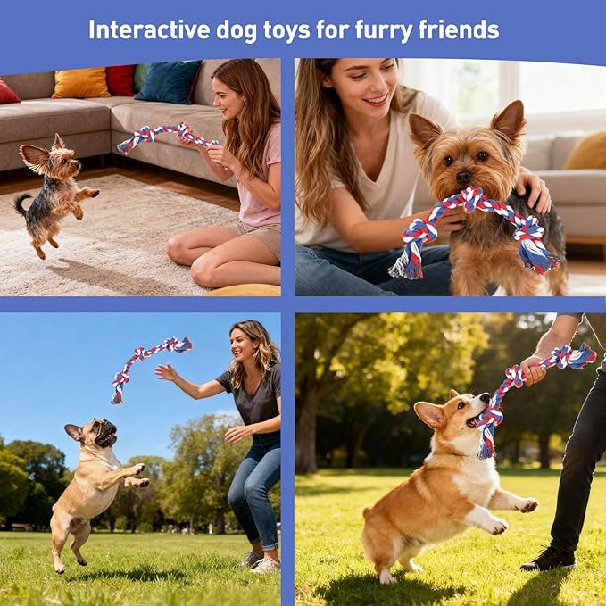 SZEE 2Pcs July 4th Dog Rope Toy for Small Breeds, 14 in 3 Knots Chew Rope Patriotic Toys for Dogs, Pull Toy for Tug of War, Energy Release, Boredom Relief and Teeth Cleaning (Pink & Orange)