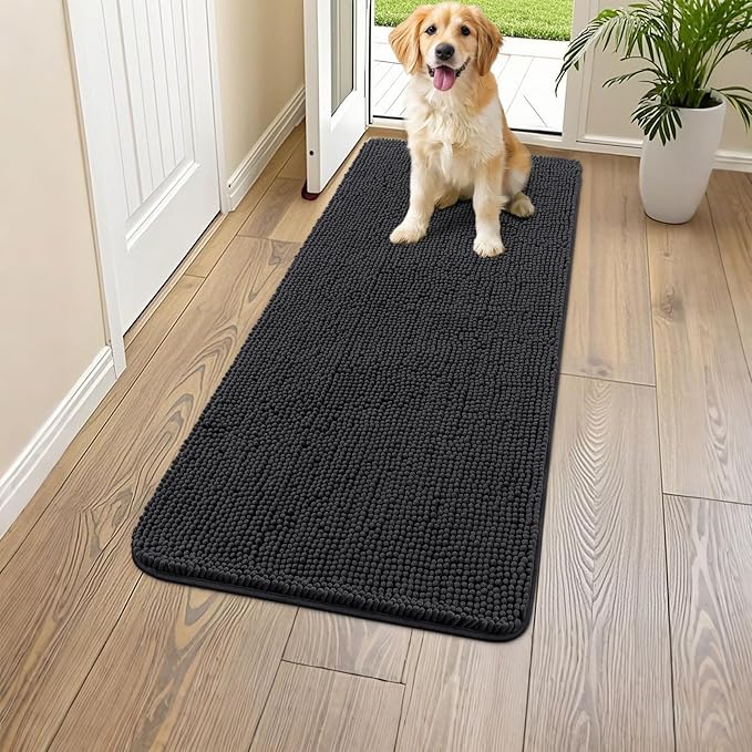 Smiry Dog Door Mat for Muddy Paws 45x27, Absorbs Moisture and Dirt Doormat, Non-Slip Washable Quick Dry Chenille Front Door Mat Indoor Entrance, Entryway Carpet for Inside Floor, Black