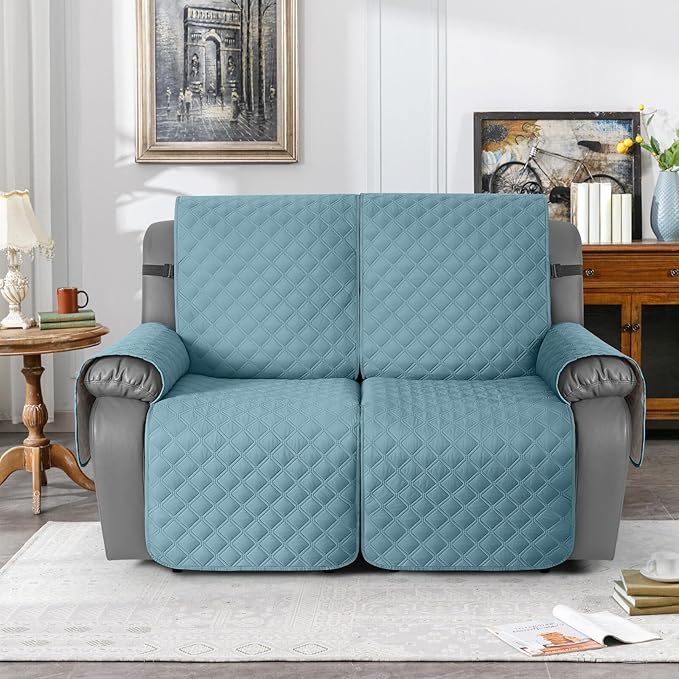 TAOCOCO 100% Waterproof Recliner Couch Covers, Recliner Sofa Covers with Leg Straps, 1-Piece Washable Reclining Sofa Cover with Pocket Couch Protector for Pets Kids(2 Seater, Sky Blue)