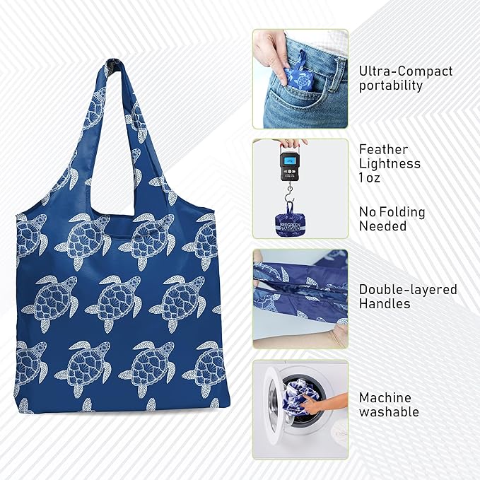 BeeGreen Butterfly Ultimate Travel Tote Bag - Reusable Grocery Shopping Bag - Foldable Compact Portable Machine Washable