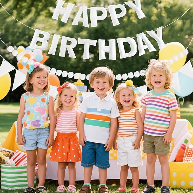 CANREVEL Pre-Strung 3D Happy Birthday Banner, 3 PCS White Happy Felt Garland, Pom Pom Garland, Triangle Fabric Bunting, Reusable White Birthday Decorations