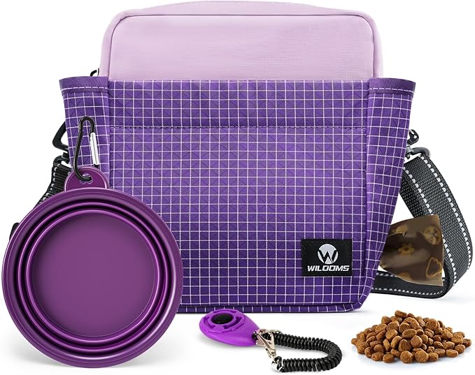 WILDOMS Dog Treat Pouch – Large Capacity with Magnetic Closure, Dog Walking Fanny Pack Built-in Poop Bag Dispenser, Clicker & Collapsible Bowl for Training & Walking - Purple