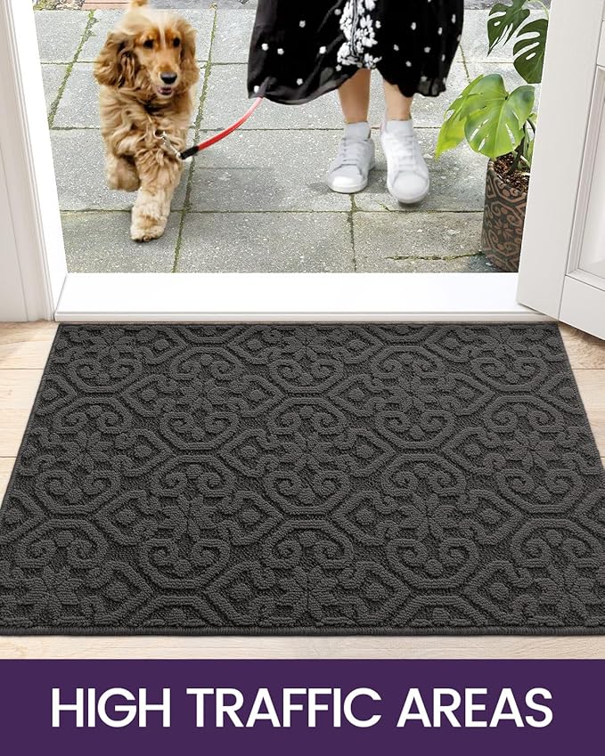DEXI Front Door Entryway Mat Non Slip, 3x5 ft Large Washable Inside Entrance for House Floor Low Profile, Thin Entry Doormat Absorbent Dirt Trapper, Dark Grey