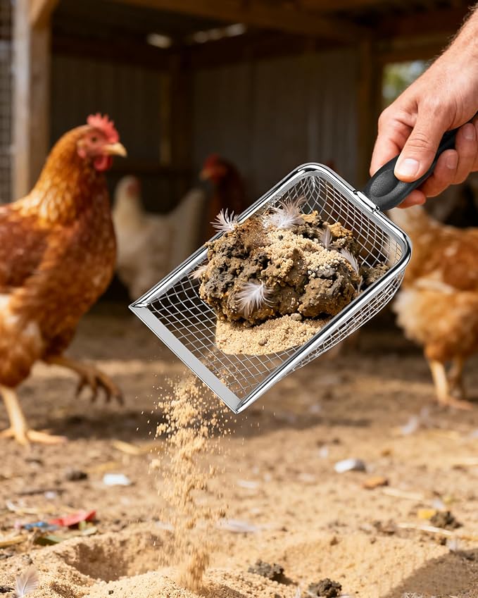 KOROI Chicken Poop Scooper - 2 Pack Chicken Coop Poop Scoop Shovel with 3.8mm & 5mm Mesh,Metal Chicken Coop Cleaning Tool,Sifting Rake for Chicken Litter, Sand, Chicken Coop Supplies