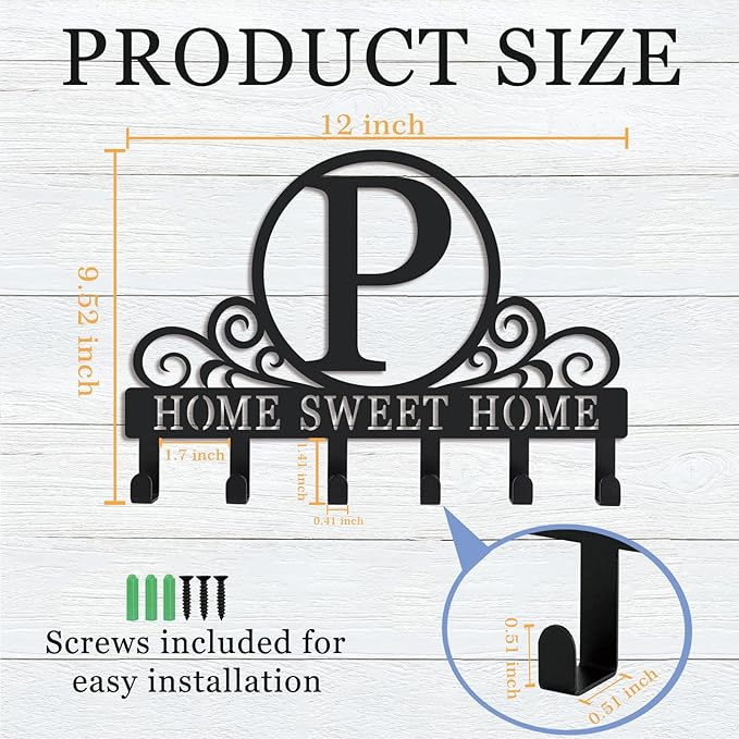 Metal Letter P Key Holder for Wall, Monogram Coat Rack Wall Mount, Key Hooks Perfect for Bathroom, Living Room, Kitchen, Office Ideal Wedding, Anniversary, Housewarming Gift (P)
