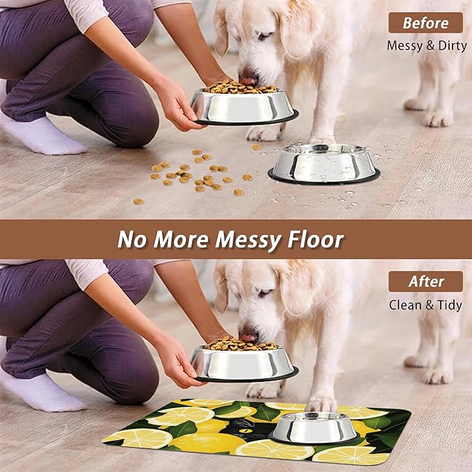Black Cat Funny Dog Food Mat for Floors,Lemon Absorbent Pet Food and Water Bowl Mats,Non-Slip Pet Feeding Mat,Pet Supplies 12" x 20"
