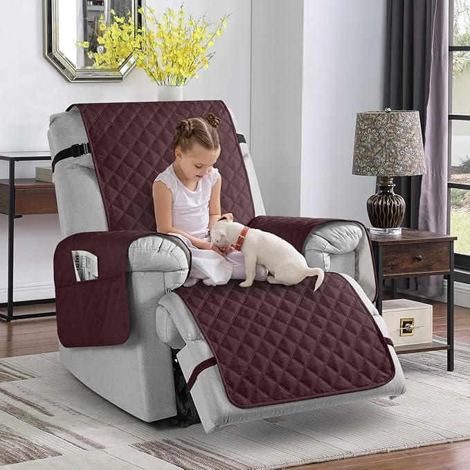 TAOCOCO 100% Waterproof Recliner Chair Cover Non-Slip Reclining Cover for Recliner Chair Washable Chair Seat Cover with Elastic Straps for Pets Sofa Slipcover with Pocket (Oversized 28'', Coffee)