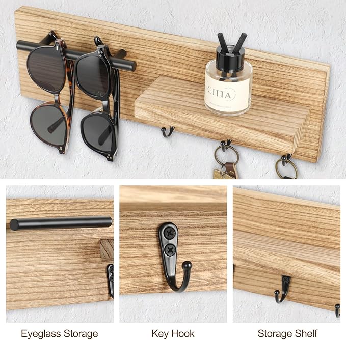 Lucundm Key Holder for Wall, Decorative Entryway Shelf with Hooks Holds Keys, Dog Leash, Sunglasses – Key Hanger with 3 Hooks Organizes, Enhances Home Decor (15” x 4.5” x 2.6”) (Wood)