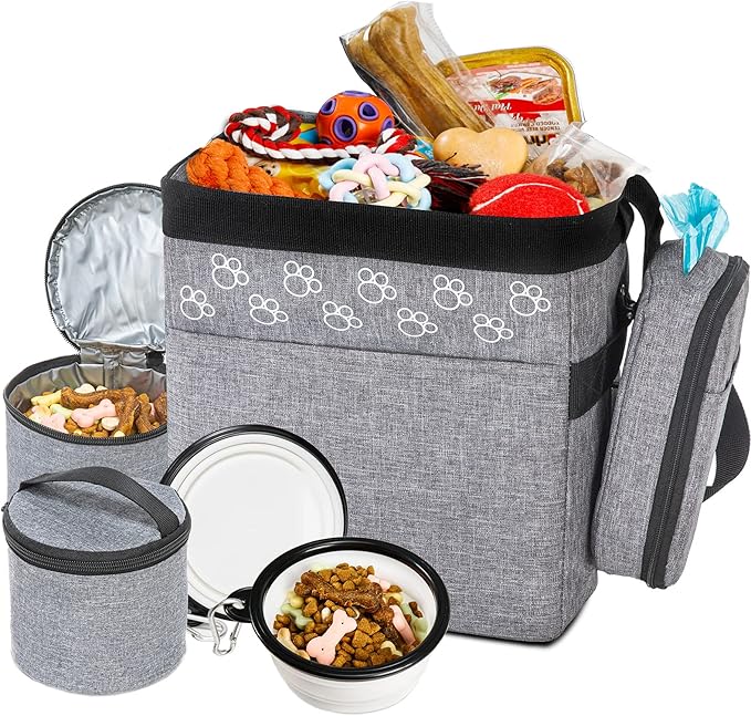 CLAWIST Dog Travel Bag with Treat Pouch, Airline Approved Dog Bags for Traveling, 2 Dog Food Travel Container, 2 Travel Bowls, Weekend Dog Travel Bag for Supplies, Dog Travel Kit Accessories
