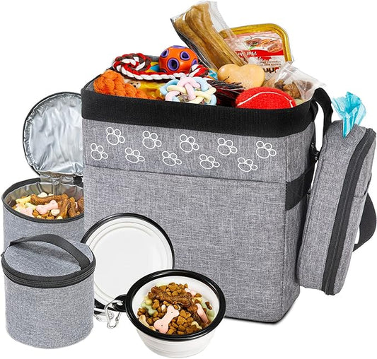 CLAWIST Dog Travel Bag with Treat Pouch, Airline Approved Dog Bags for Traveling, 2 Dog Food Travel Container, 2 Travel Bowls, Weekend Dog Travel Bag for Supplies, Dog Travel Kit Accessories