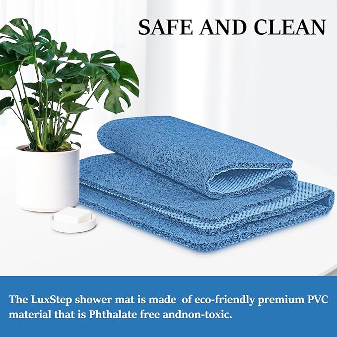 LuxStep Shower Mat Bathtub Mat,32x16 inch, Non-Slip Bath Mat with Drain, Quick Drying PVC Loofah Bathmat for Tub,Shower,Bathroom,Lake Blue