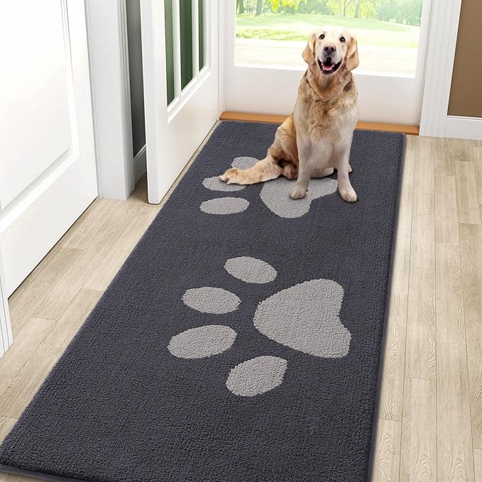 Smiry Dog Door Mat for Muddy Paws, Absorbs Moisture and Dirt, Low-Profile Entryway Mat with Non-Slip Backing, Entry Indoor Outdoor Doormat for Inside Floor (59x24 Inches, Dark Grey, Paw)