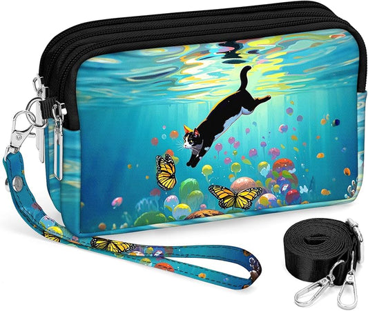 BIAOTIE Wristlet Purses for Women, Nylon Small Crossbody Bags with Adjustable Strap 3 Zipper Wristlet Wallet Phone Organizer