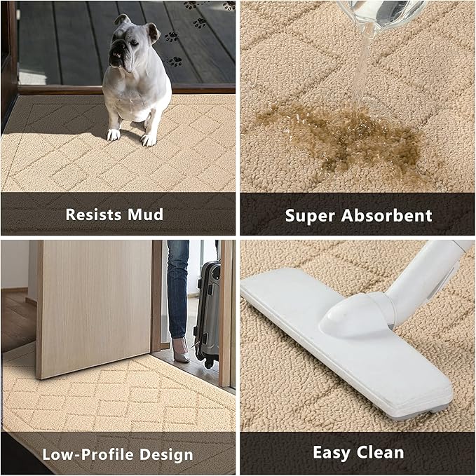 REFETONE Indoor Doormat, Front Back Door Mat 24"x36" Rubber Backing Non Slip Mats, Absorbent Washable Entrance Doormat for Entryway, Resist Dirt Low-Profile Inside Floor Mats for Muddy Shoes, Golden