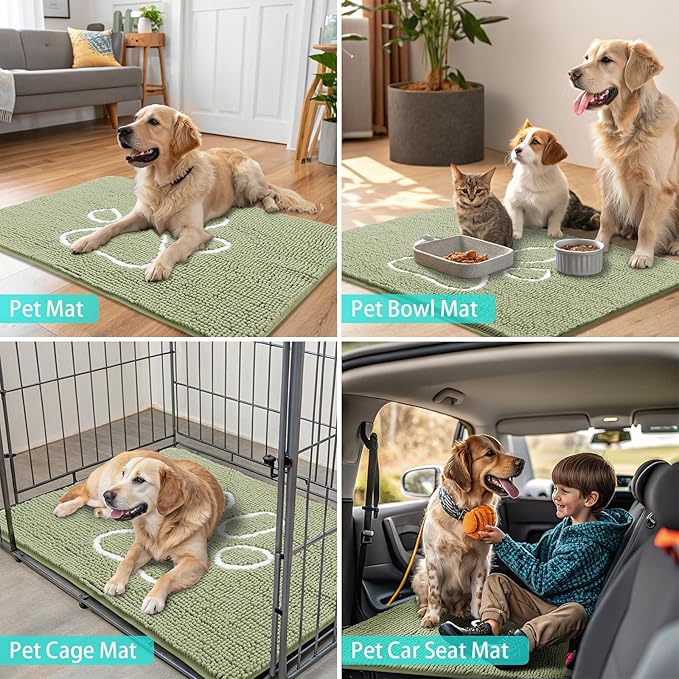 Smiry Dog Door Mat for Muddy Paws, Absorbent Dirt Trapper Non Slip Quick Dry Washable Chenille Mat for Mud Dogs, Entry Rug for Indoor and Outdoor (40x32 Inches, Sage Green and White)
