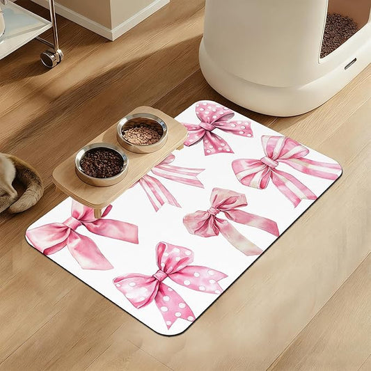 Pink Bows Dog Cat Food Mat–Christmas Stocking Absorbent Waterproof Placemat for Food and Water Bowls, Non Slip Rubber Backing, Feeding Mat for Clean Floors 12"x20"
