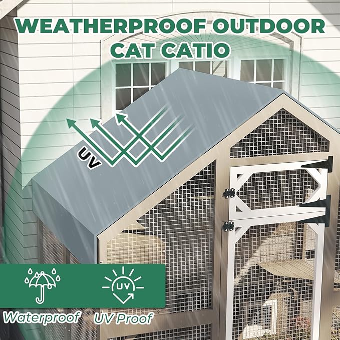 71" H Catio Outdoor Cat Enclosure Weatherproof, Large Walk-in Catio Cat Patio Attached Window for Multiple Cats, Waterproof Kitty Enclosure Outside with 2 Condos, 6 Platforms
