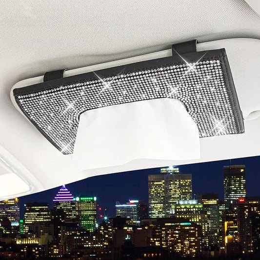 ChuLian Bling Bling Car Visor Tissue Holder Leather Crystals Paper Towel Cover Case & Glitter Sunglasses Clip for Women Black Diamond