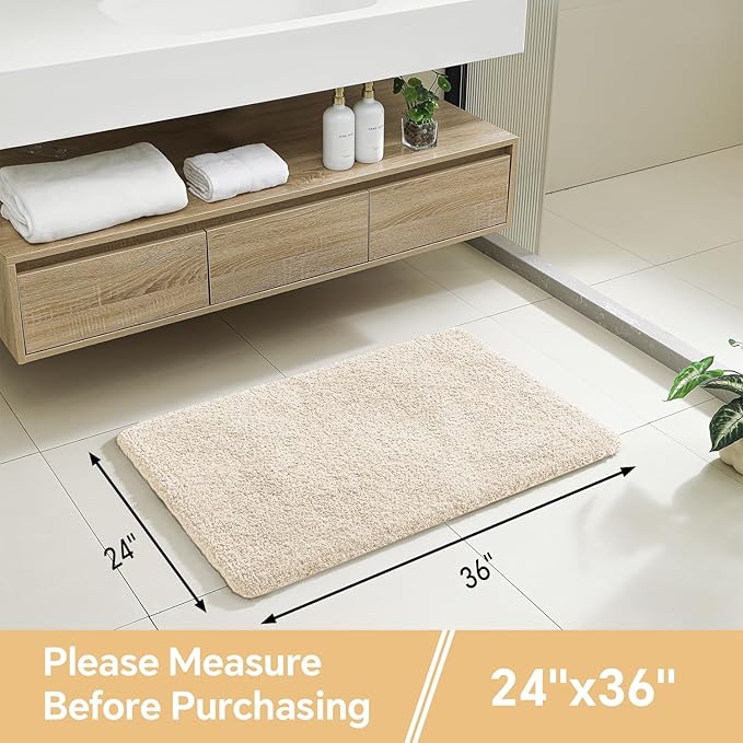 Beige Bathroom Rugs 24"x36" - Fluffy Microfiber Bath Mat, Non Slip and Absorbent Bathroom Floor Mat, Machine Washable Plush Rug - Ideal for Tub, Cabinet or Washroom