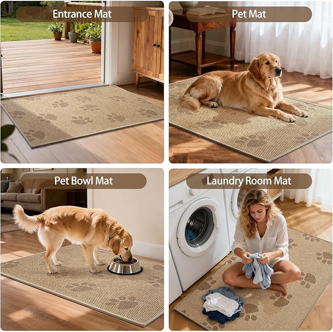 YDKGL Door Mat Indoor Entrance 17"x30", 0.16" Thin Paw Print Low Pile Doormat, Non Slip Welcome Mat, Trap Dirt and Moisture, Easy Clean, Brown