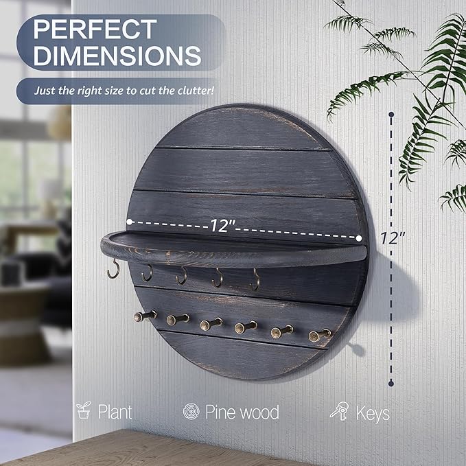 Rebee Vision Pine Wood Rustic Key Holder Wall Mount for Farmhouse Decor – Key and Mail Holder for Wall with Shelf and 11 Hooks – Hanging Mail Organizer for Room Decor Aesthetic (Royal Blue)