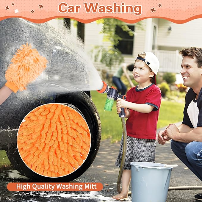 Upgrade Dog Washing Hose Attachment, 8 Way Spray Pattern Garden Hose Nozzle with Soap Dispenser, Dog Wash Supplies with 2 type Dog Bath Brush, Dog Comb and Toothbursh, Car Washing Mitt