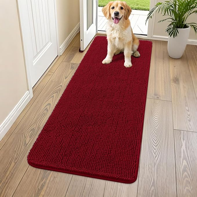 Smiry Dog Door Mat for Muddy Paws 59x24, Absorbs Moisture and Dirt Doormat, Non-Slip Washable Quick Dry Chenille Front Door Mat Indoor Entrance, Entryway Carpet for Inside Floor, Red