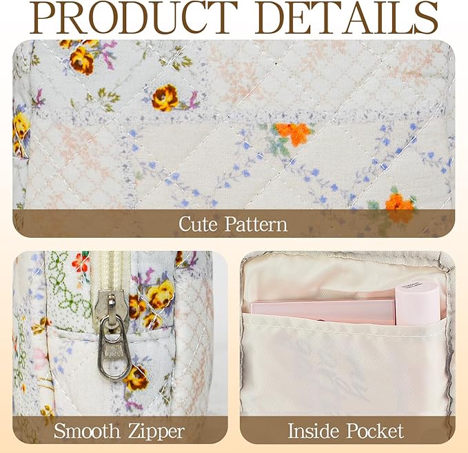 Small Floral Quilted Makeup Bag, Coquette Aesthetic Travel Toiletry Organizer for Women, Lightweight Cotton Cosmetic Pouch