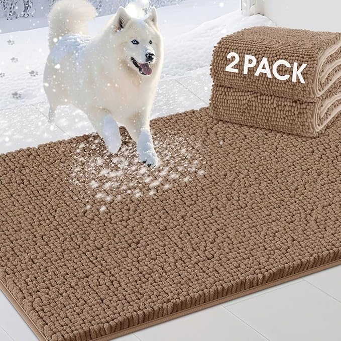 2 Pieces Muddy Door Mats for Dogs, 36" X 24" Chenille Absorbent Doormat, Trap Dirt Non Slip Heavy Indoor Doormat Soft Dog Bed Mat Front Inside Door Mat for Indoor Outdoor Entrance,Camel