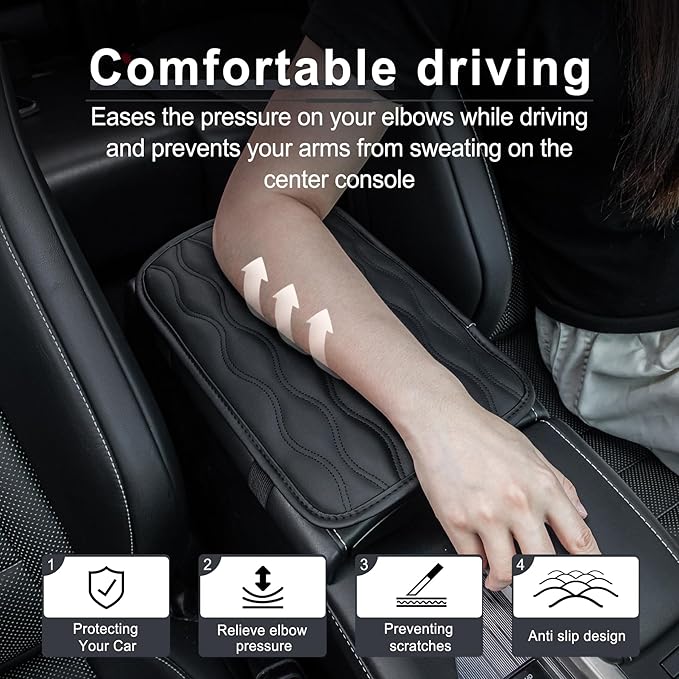 Amiss Auto Center Console Pad, Universal Waterproof Car Armrest Seat Box Cover, Car Interior Accessories, Leather Auto Armrest Cover Protector for Most Vehicle, SUV, Truck (Black)