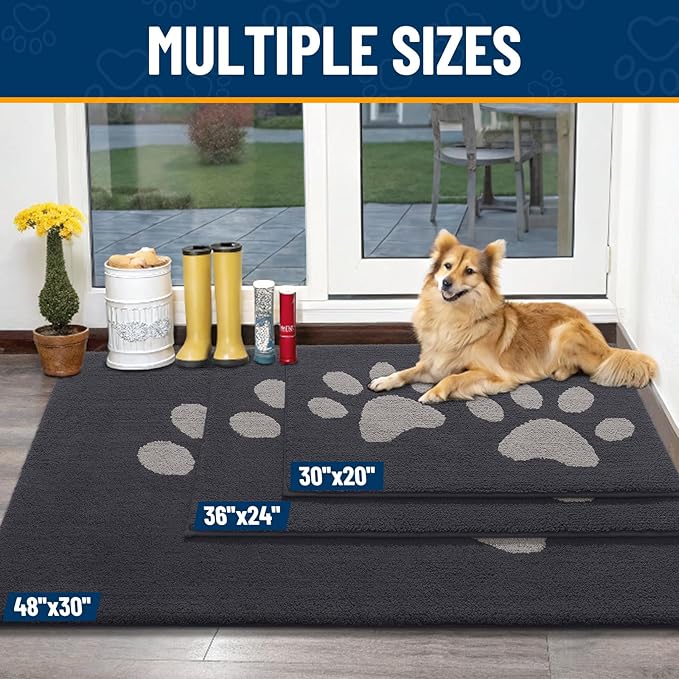Smiry Dog Door Mat for Muddy Paws, Absorbs Moisture and Dirt, Low-Profile Entryway Mat with Non-Slip Backing, Entry Indoor Outdoor Doormat for Inside Floor (36x24 Inches, Dark Grey, Paw)