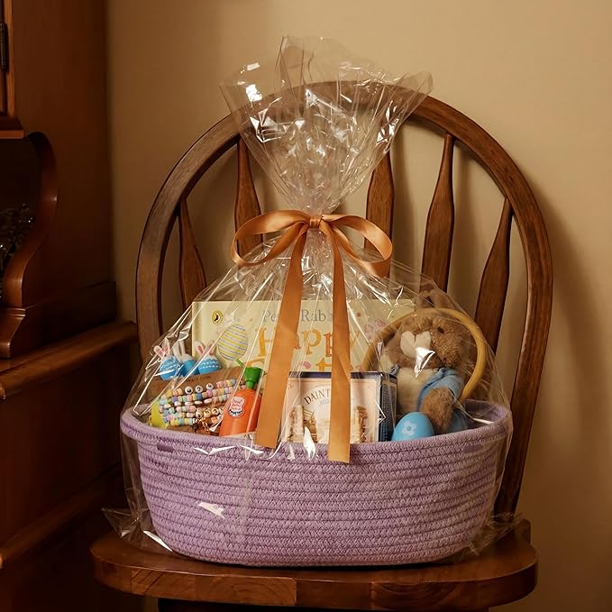 Small Woven Gift Basket Empty with Bag & Ribbon - Gifts for Mom, Baby Shower, Birthdays & Raffle - Cotton Rope Storage Basket for Dog Toys or Shelf - 12"x8"x5", Purple