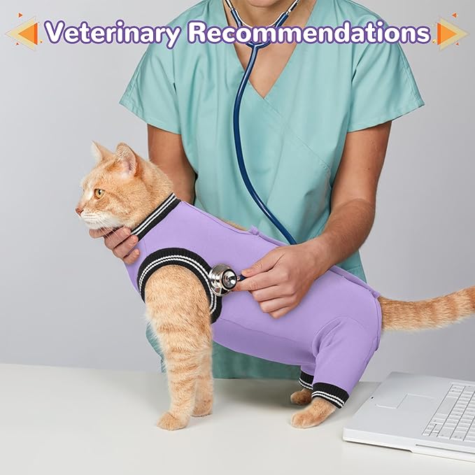 PUMYPOREITY Cat Recovery Suit for Hind Legs, Cat Surgical Spay Suit with Leg Sleeves to Stop Licking, Long Rear Sleeve Wound Cover Abdomen Kitten Onesie, Purple, S