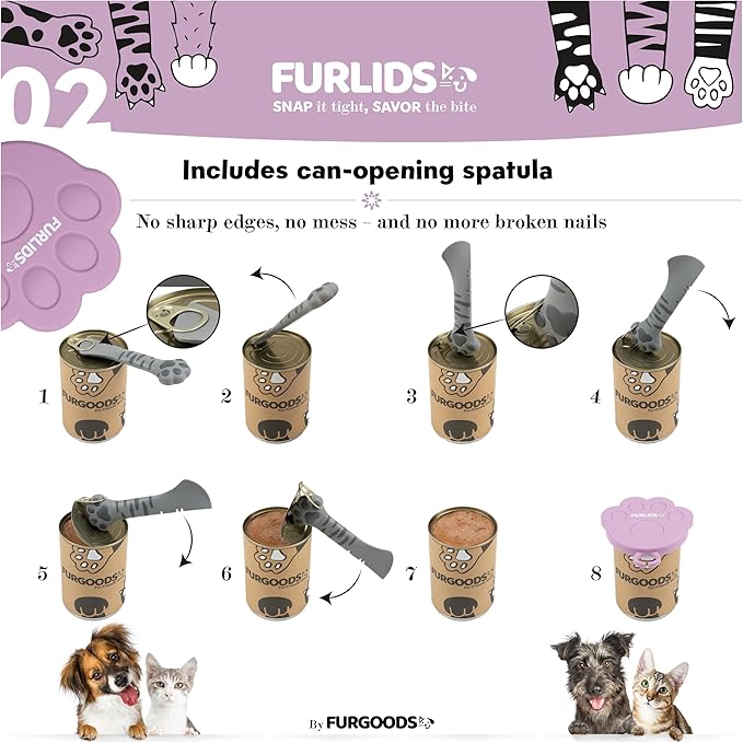 FURLIDS Furgoods 4-Pack Dog Food Can Lids & Cat Food Can Lid Set with Spatula – Silicone Pet Food Cans Covers, Airtight & Reusable – Universal Fit, Dishwasher Safe