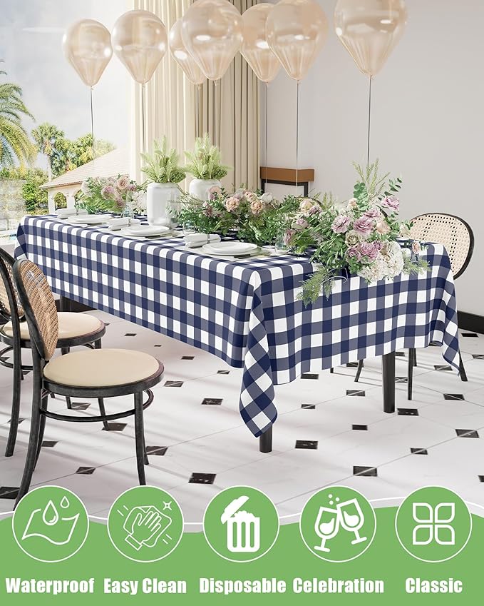Smiry 20 Packs Gingham Disposable Table Cloth, 54 x 108 Inch Waterproof Plastic Tablecloth, Rectangle Navy and White Checkered Table Covers for Picnic, Birthday, Party