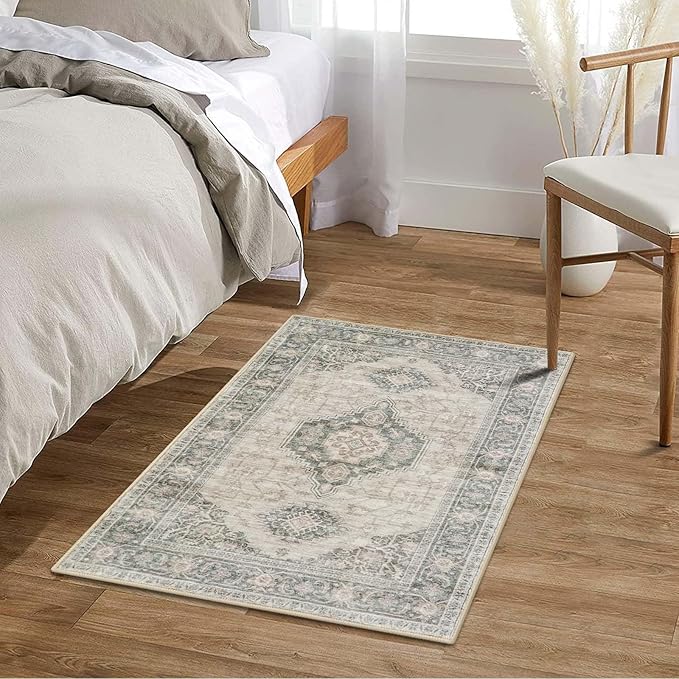Lahome Oriental Kitchen Rugs Non Slip, 2x3 Small Rugs for Bedroom Entryway, Soft Door Mat Indoor Entrance Vintage Ultra-Thin Carpet for Kitchen Bathroom Bedroom Eleanor, Grey/Brown