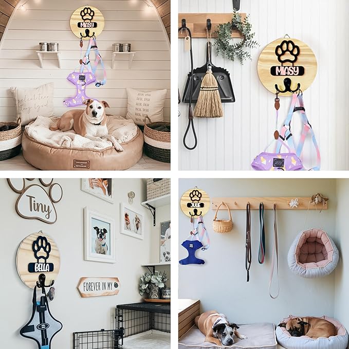VINARTSVN Dog Leash Holder Wall Mount, Personalized Pet Harness Hanger Paw Print Hook, Hook for Dog, Cat, Key Rack Wall Organizer, Cat Collar Organizer for Entryway, Memorial Gifts for Pet Lover
