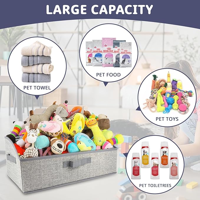 Foldable Pet Toy Storage Box with 3 Handles, Portable Organizer Basket for Dog Toys, Blankets & Accessories, Grey