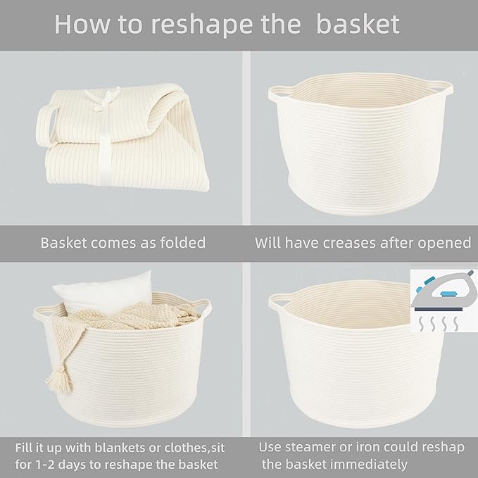 XUANGUO Extra Large Cotton Rope Basket Blankets Basket Living Room 22"x14" Toy Basket for Kids Dogs Rope Storage Basket for Nursery Woven Laundry Basket for Clothes Towels Baby Toy Storage round white