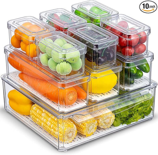 10-Pack Clear Fridge Organizer Bins with Lids, Stackable Refrigerator Storage Containers, BPA-Free with Drain Tray & Anti-Slip Base for Fruits, Veggies, Drinks