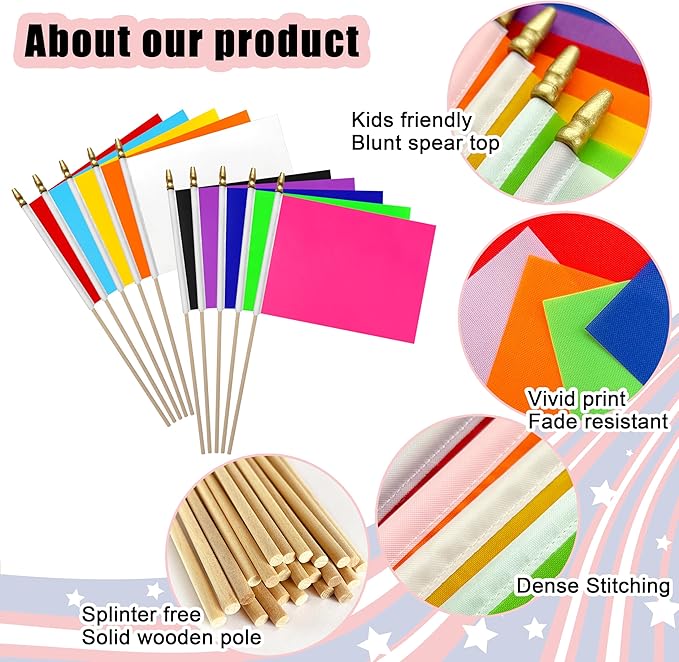 12Pcs 8×12 Inch Red White Blue Black Orange Yellow Green Purple Pink Flags Set on Wood Stick Small Mini Solid Color Blank Sublimation Handheld Flags for DIY Graffiti